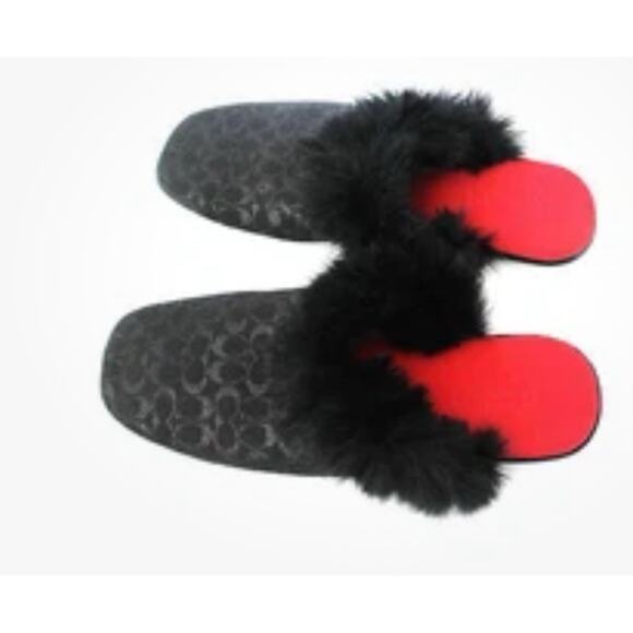 Auth Coach Signature Black Rabbit Fur Slippers Slides Sz 8 - Picture 1 of 10